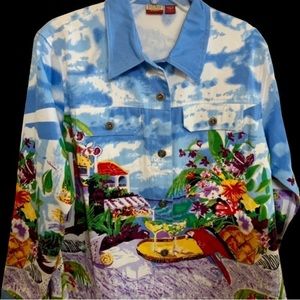 Tudor Court sparkly PARROT seaside jacket denim like texture